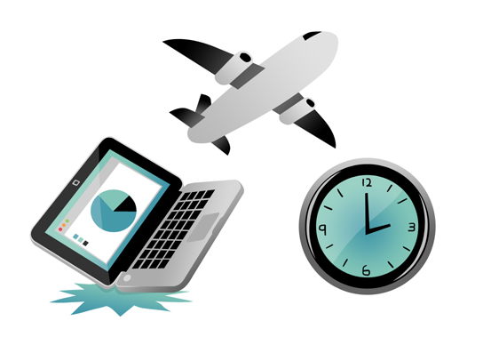 An illustration of a Mac laptop along with a plane and a clock