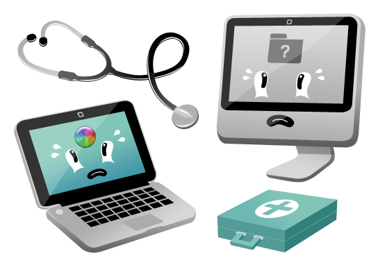 An illustration of a Mac laptop and desktop with worried faces alongside a stethoscope and first aid kit
