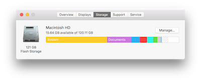 A 'storage' window on a Mac computer showing that its hard drive is full