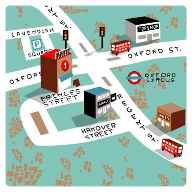 An illustration of a map showing our location relative to some nearby landmarks